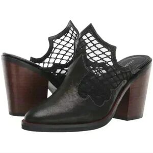 Kelsi Dagger Black Leather & Wood-Block Heel Mules